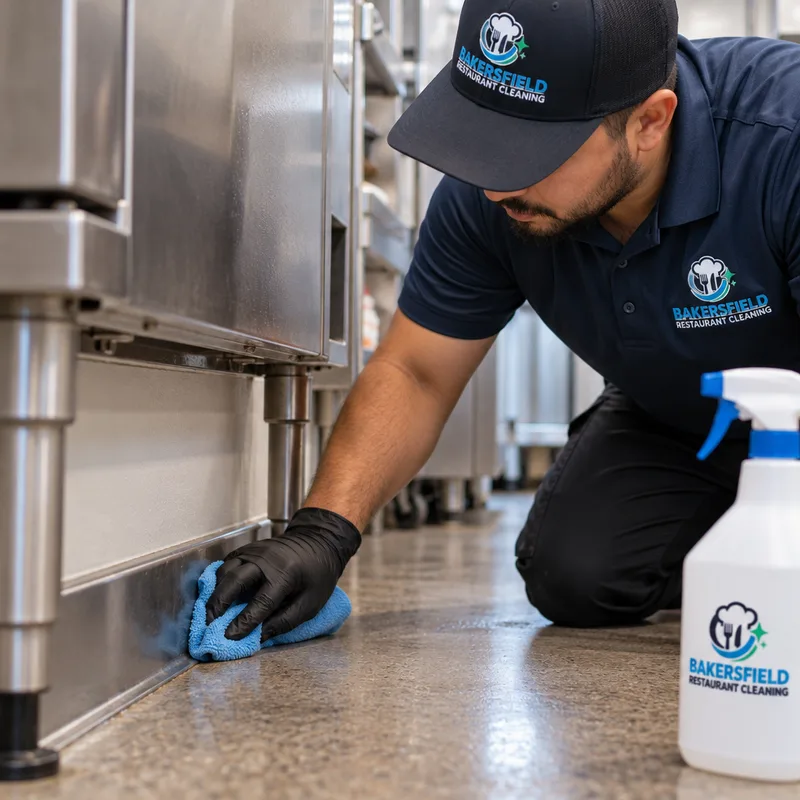 Cleaned baseboards and floor edge behind stainless restaurant equipment