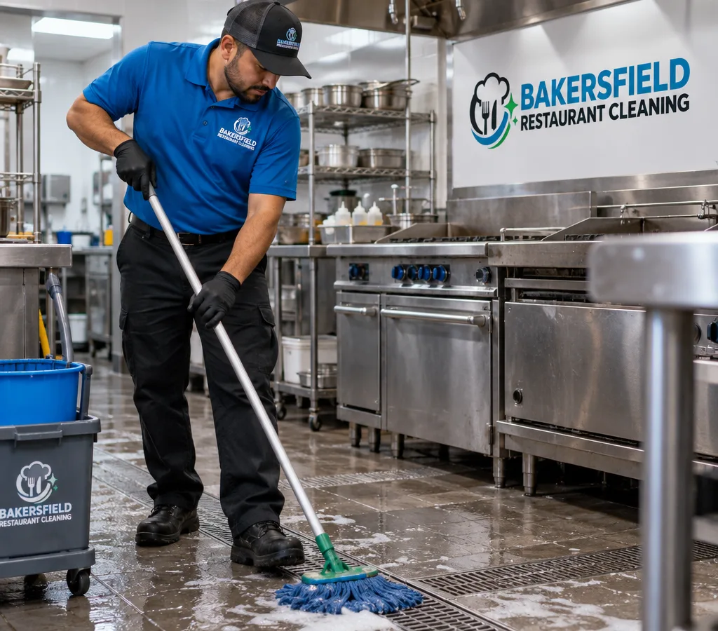 A professional cleaner mopping and degreasing a commercial restaurant kitchen floor behind the line
