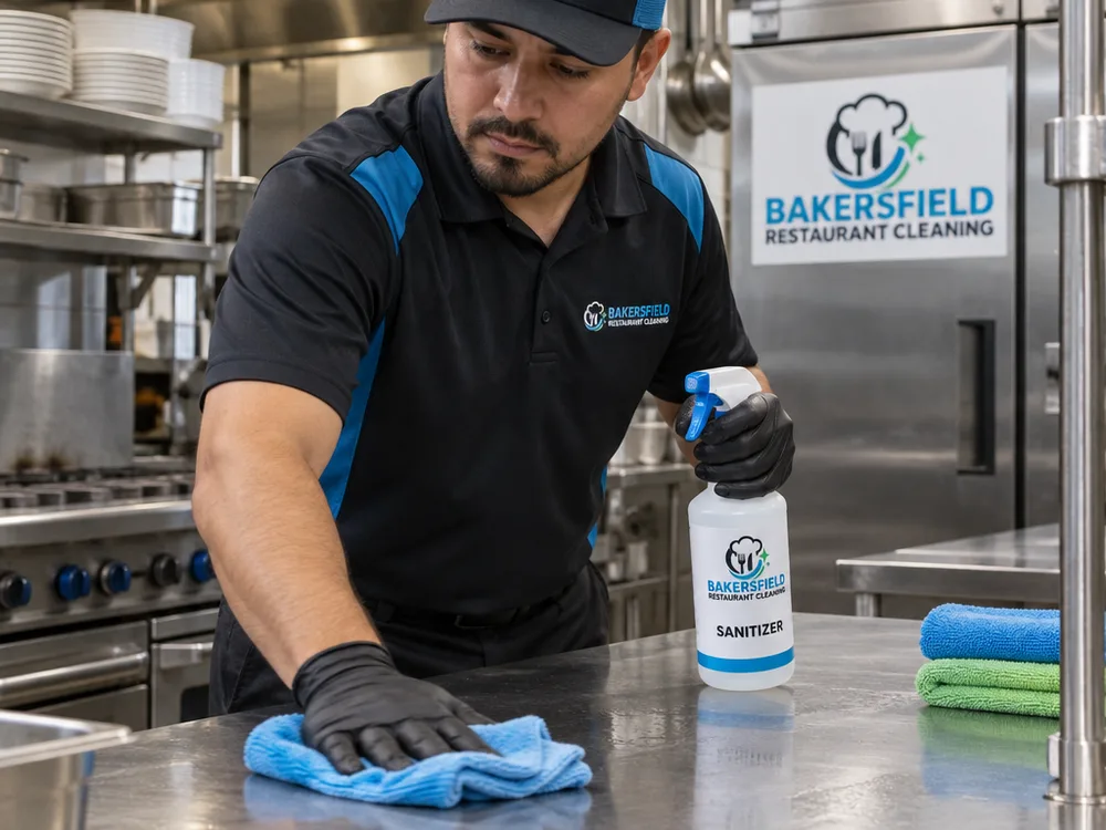 Cleaner wiping stainless prep tables and commercial kitchen touchpoints