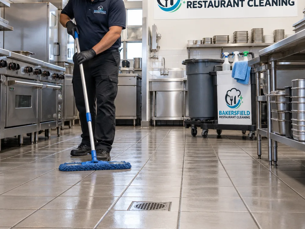 Clean commercial kitchen floor and floor drain after degreasing and mopping