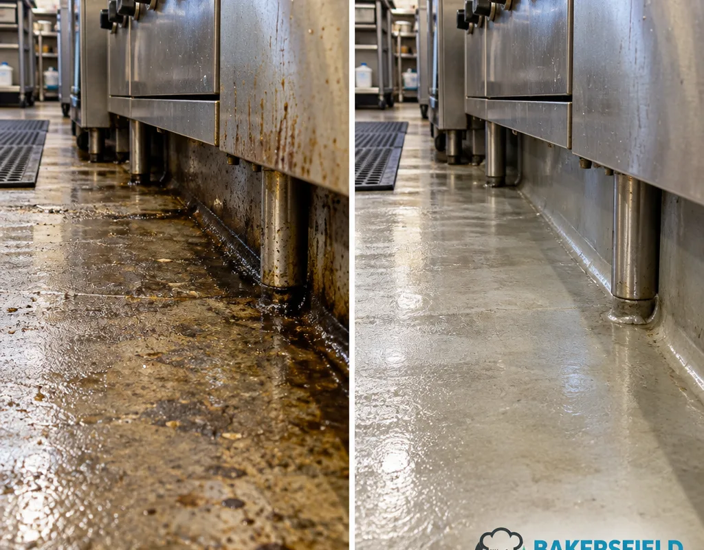 Before-and-after comparison of a greasy cook line floor edge and the same area after deep scrubbing
