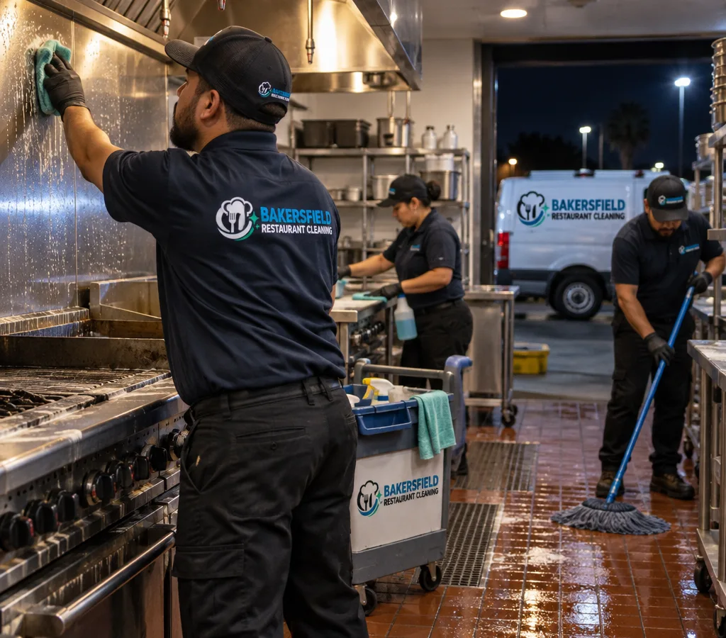 Night-time commercial kitchen crew cleaning a restaurant cook line, stainless surfaces, backsplash, and quarry tile floors