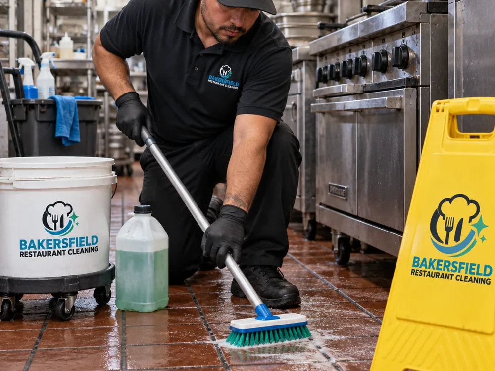 Cleaner scrubbing greasy quarry tile grout near a restaurant cook line with caution signage and stainless equipment visible