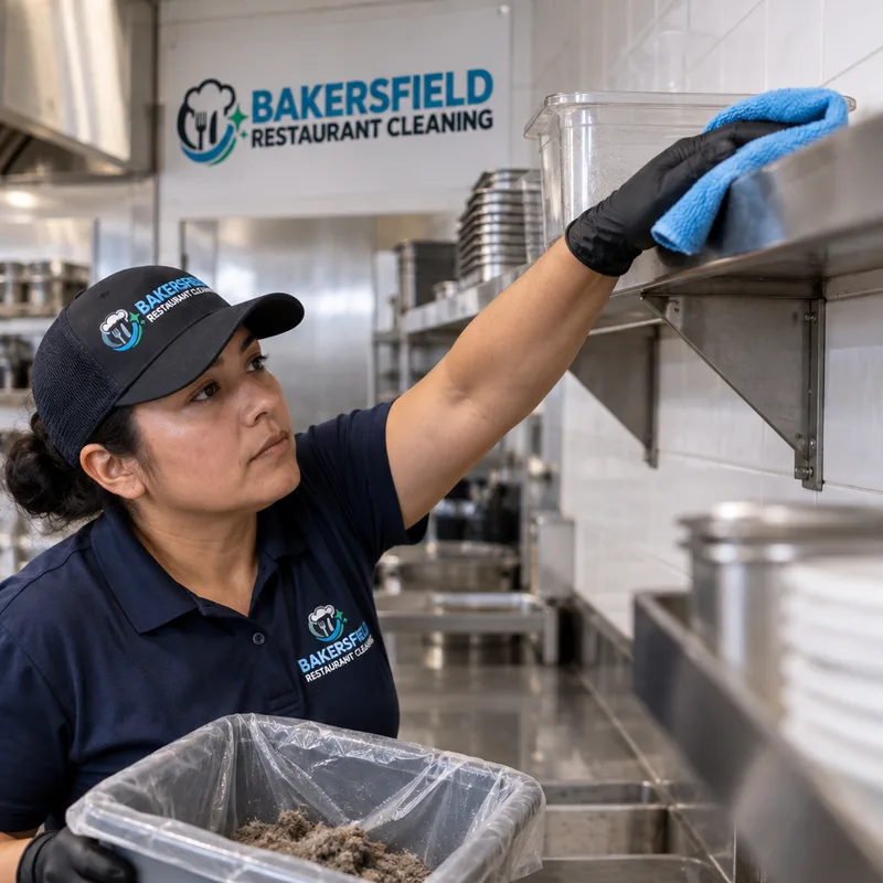 High dusting results on commercial kitchen shelving tops and an overhead ledge with debris safely contained