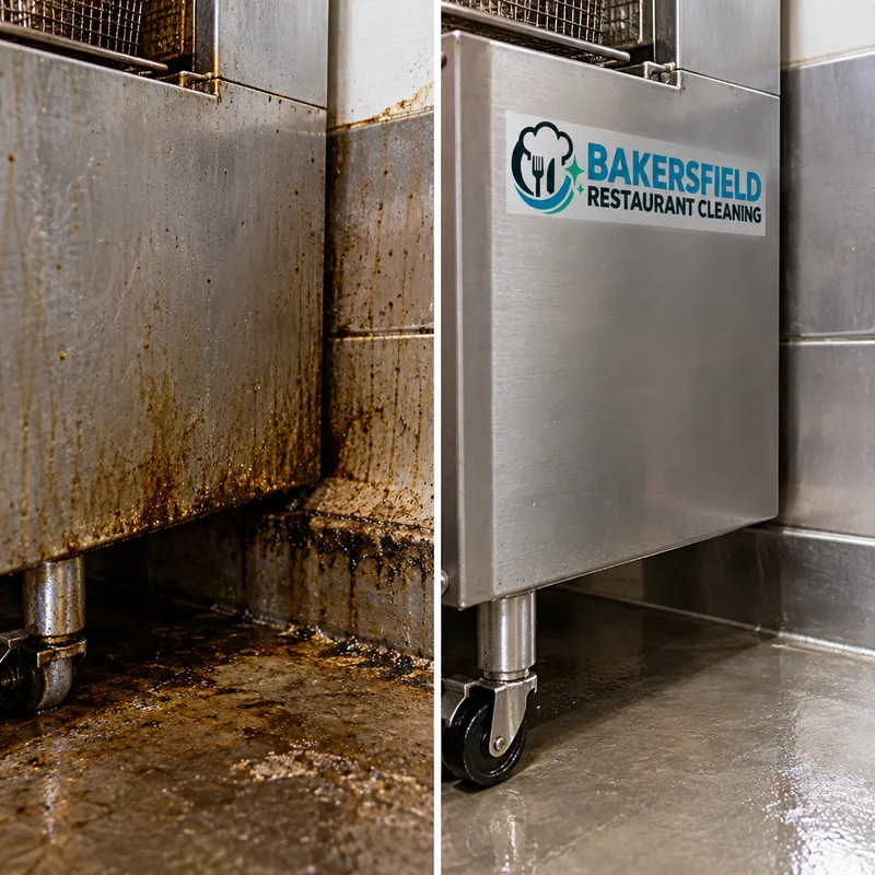 Degreased fryer side panel and cleaned floor beneath rolled-out equipment with grease removed along the wall base