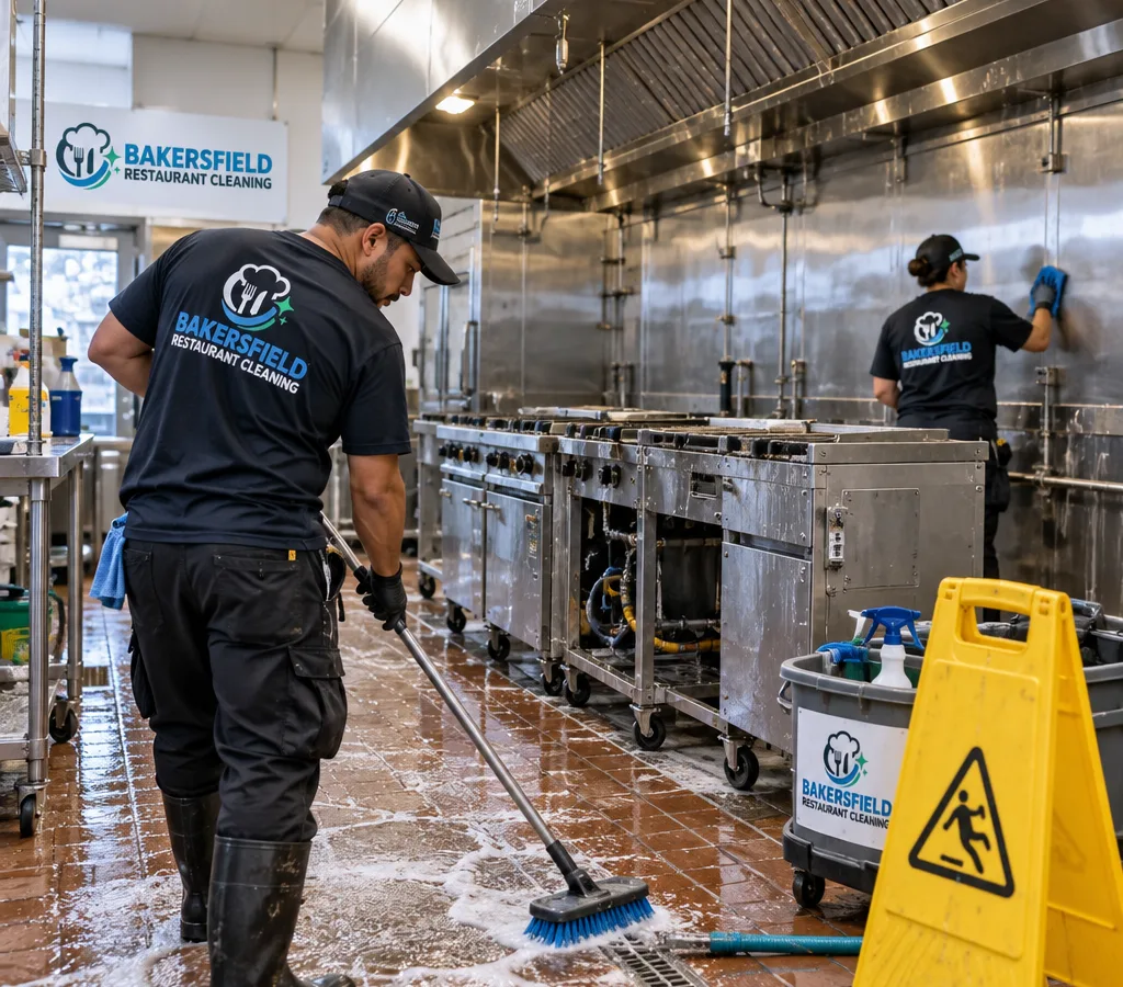 Bakersfield commercial kitchen line staged for deep cleaning with stainless equipment pulled forward, scrubbed floors, tools, and caution signs