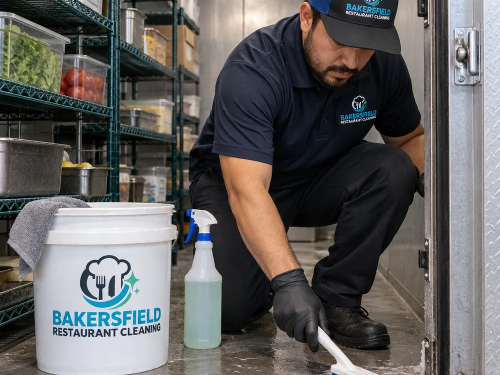 Technician cleaning floor seams and the door threshold inside a partially cleared walk-in cooler with food-safe tools