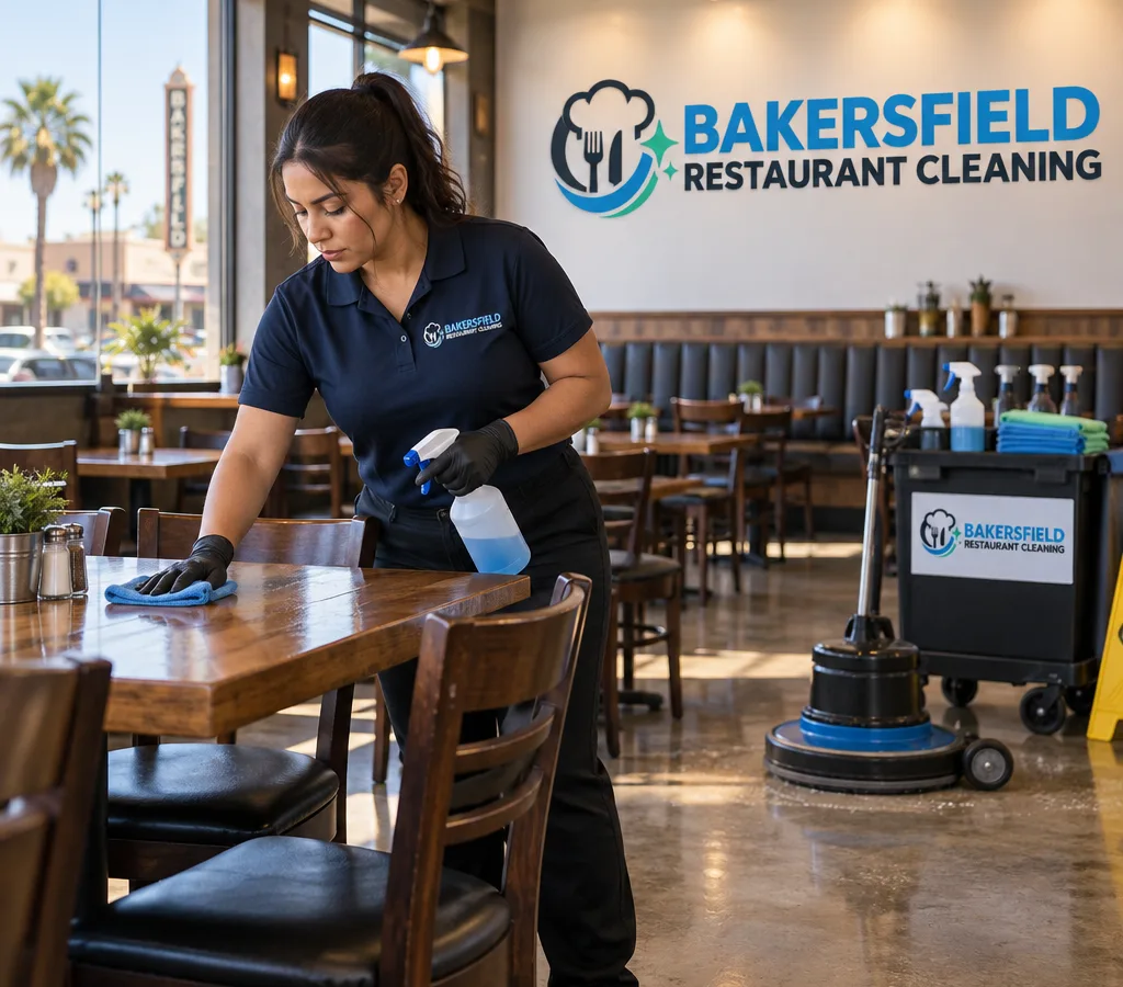 Professional cleaner wiping restaurant tables and chairs in a Bakersfield dining room before service with floor care equipment nearby