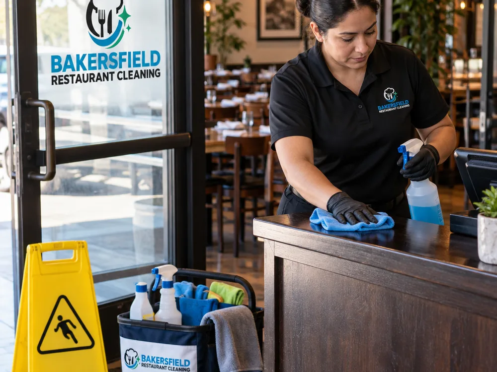 Cleaner detailing restaurant entry glass and host stand surfaces with a caution sign and microfiber kit visible