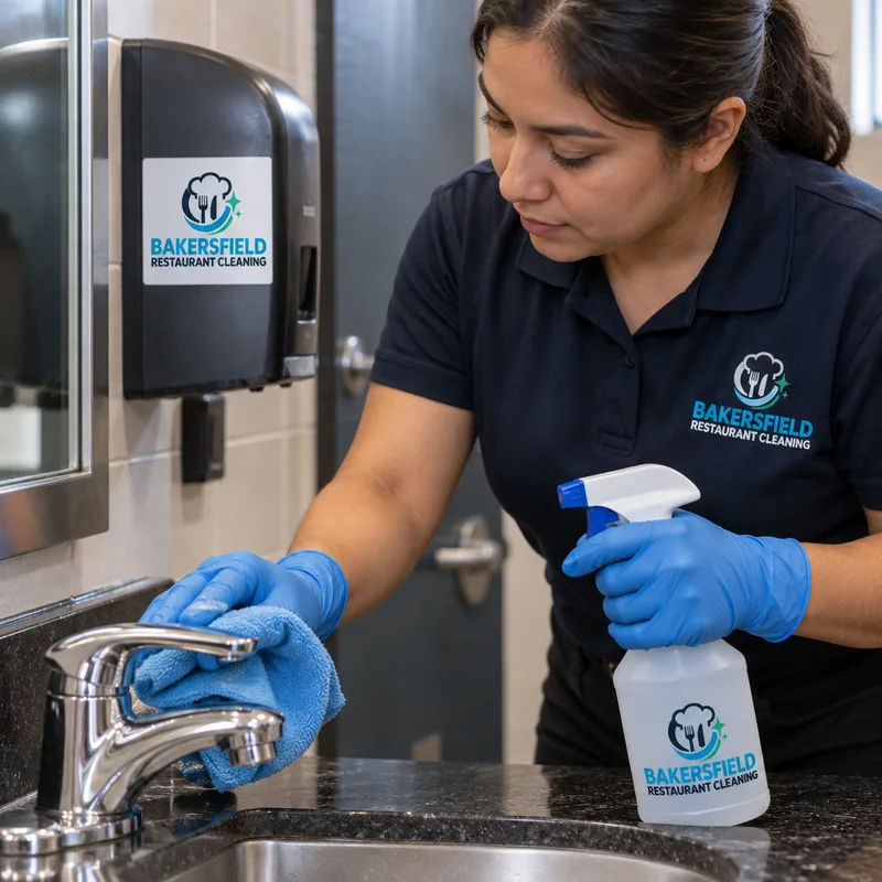 Cleaner disinfecting restroom faucet handles, a dispenser, and door hardware with labeled cleaning supplies