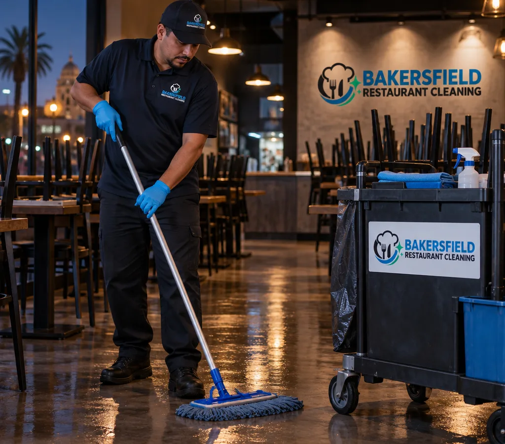 After-hours janitorial technician mopping a restaurant dining room with chairs raised and lights lowered