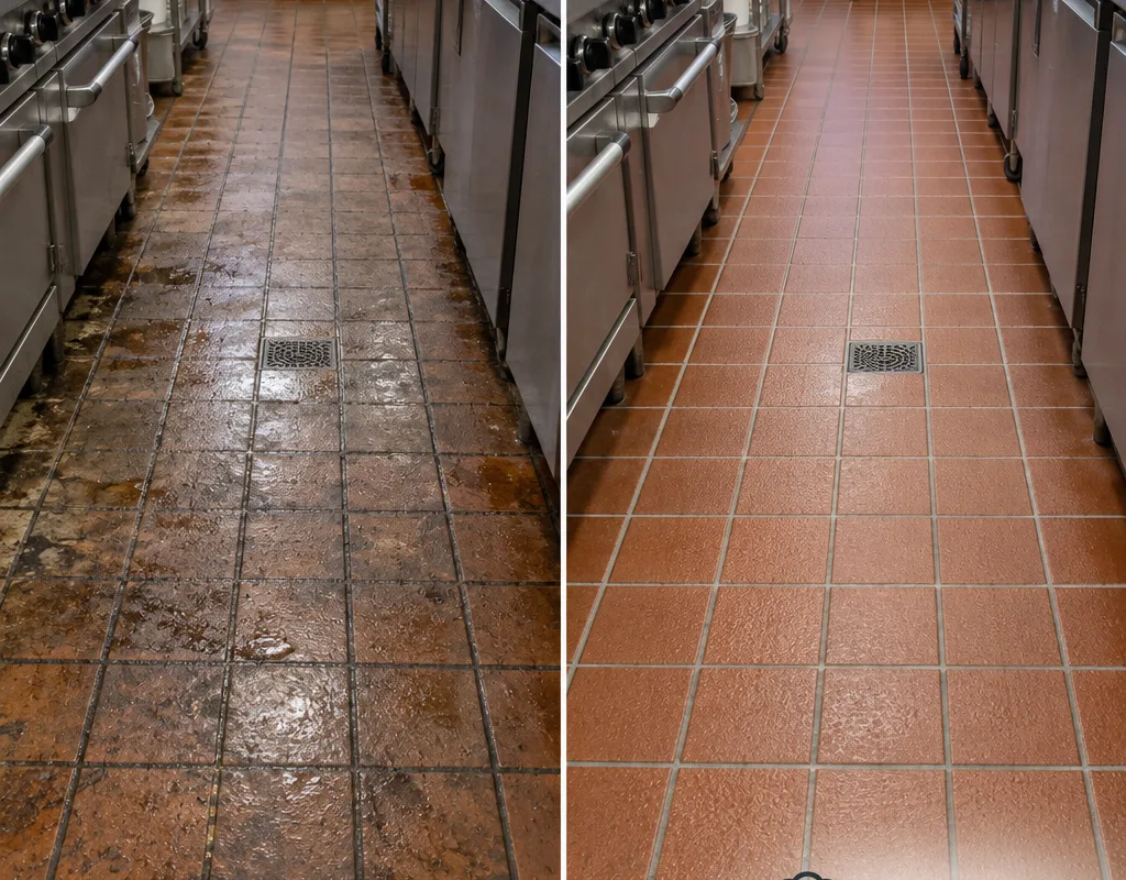 Before-and-after commercial kitchen quarry tile showing cleaner grout and restored surface texture
