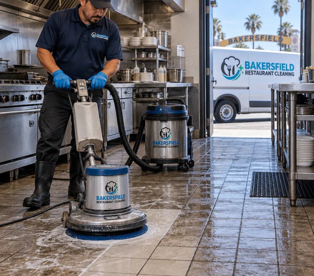 Technician cleaning commercial kitchen tile with a rotary scrubber and wet vacuum, revealing cleaner grout lines