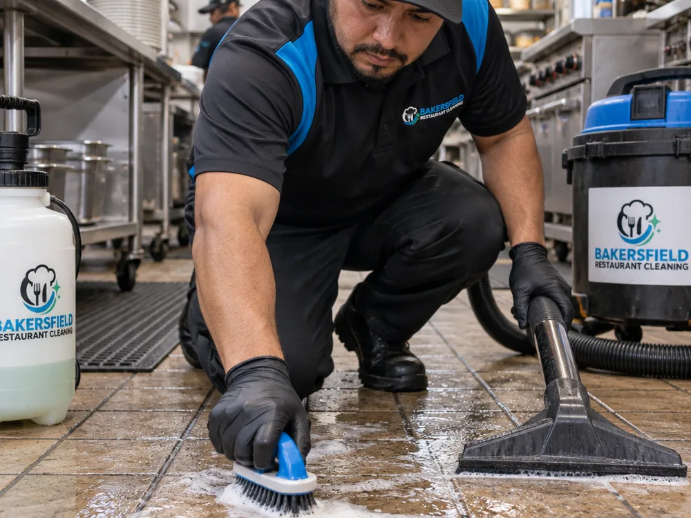 Greasy commercial kitchen grout being scrubbed with degreaser while a wet vacuum recovers dirty water