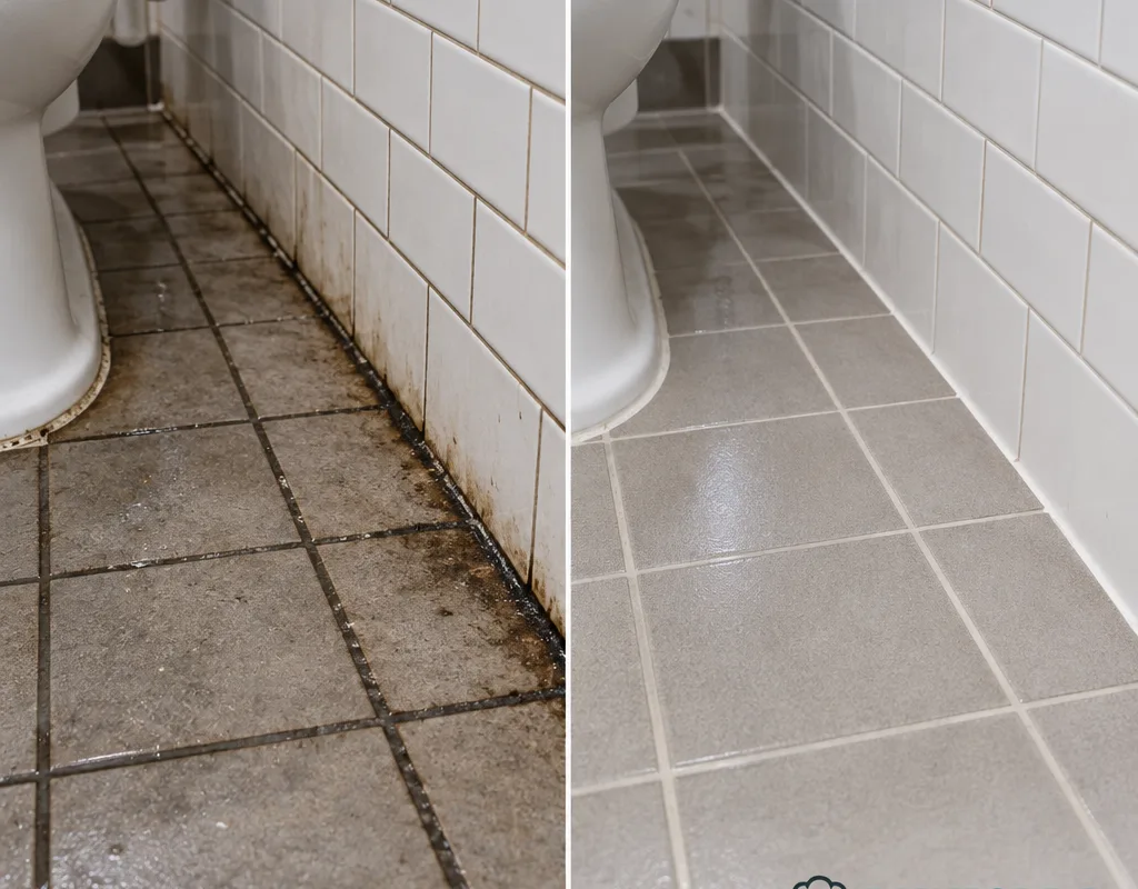Before-and-after comparison of darkened restroom grout and cleaned floor edges