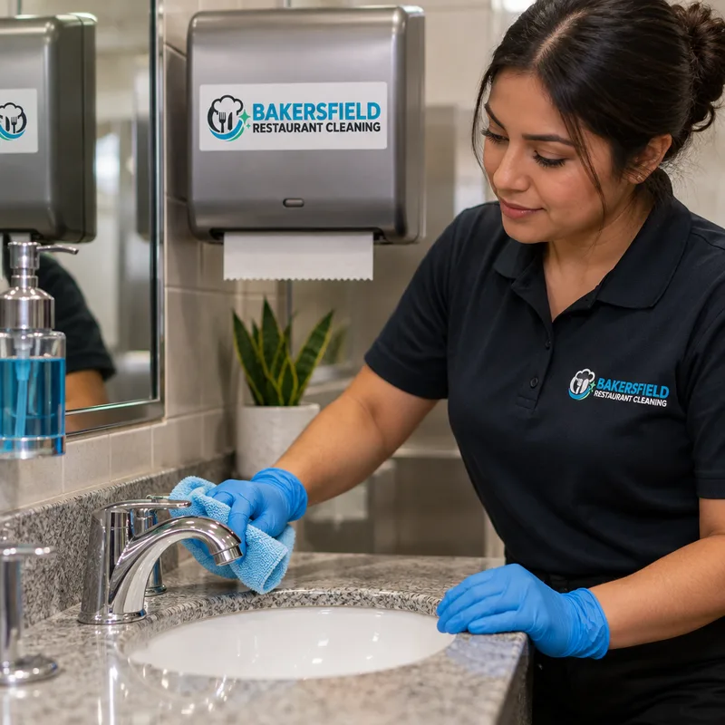 Clean commercial restroom sink, faucet, mirror, and stocked dispensers