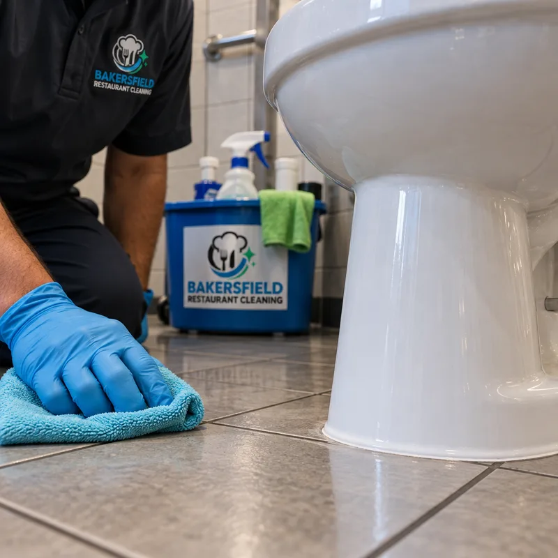 Freshly cleaned toilet base and tile floor edge with clean grout and caulk lines