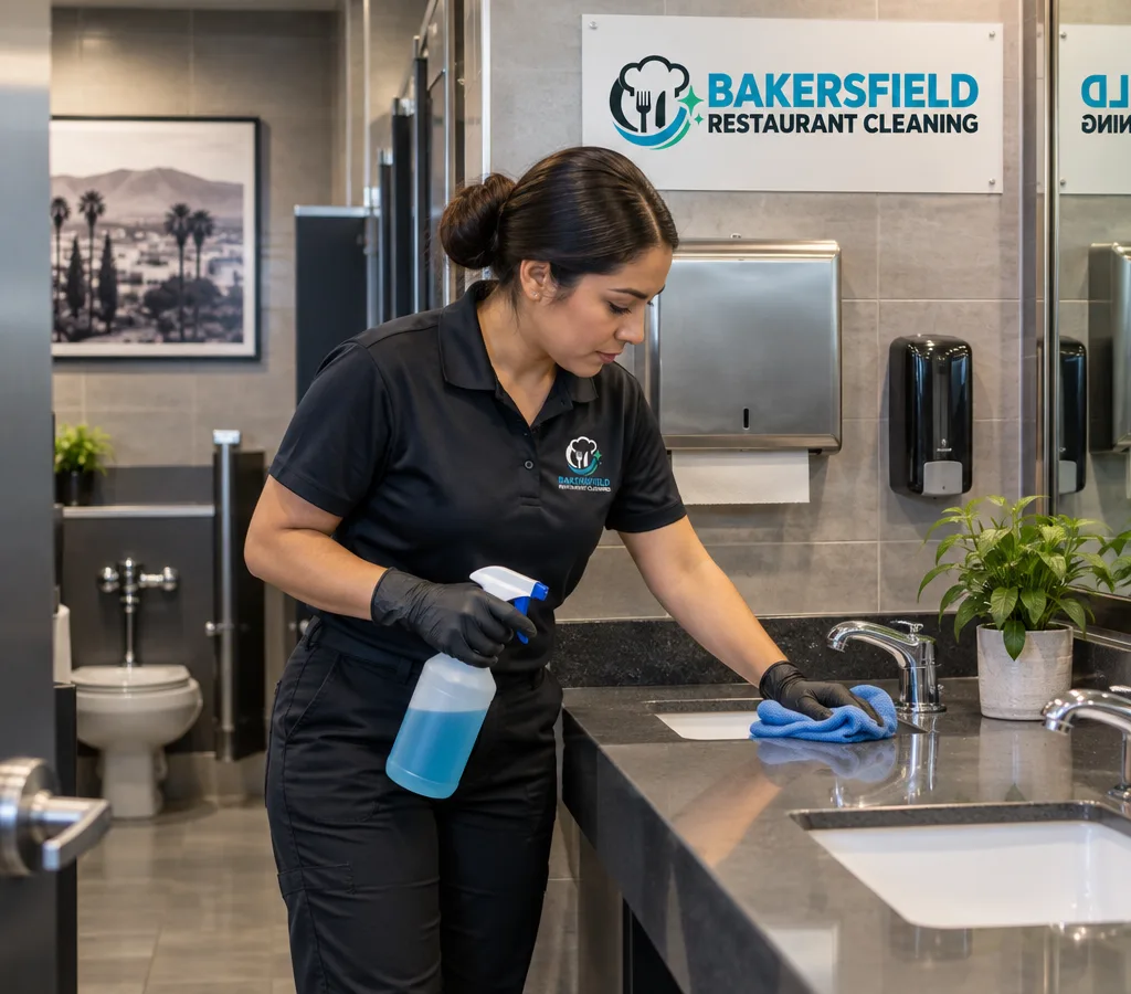 Commercial restaurant restroom with clean tile, stocked dispensers, and sanitized high-touch points