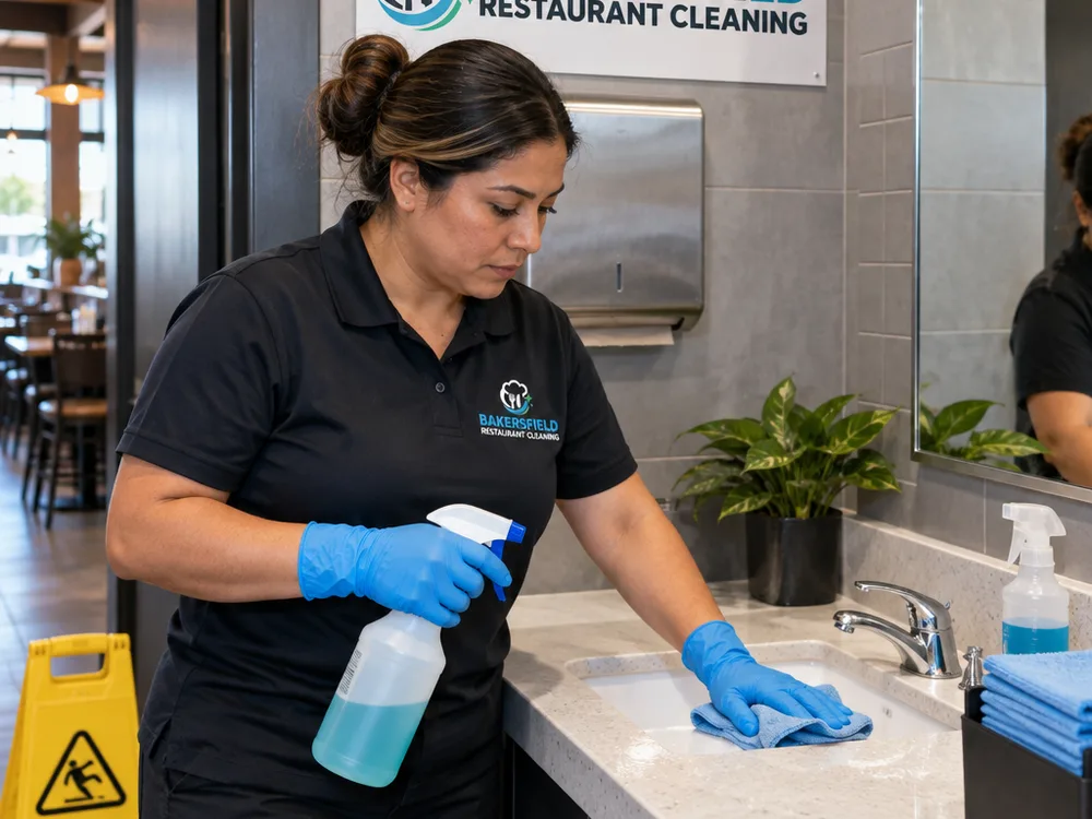 Cleaner disinfecting a commercial restaurant restroom sink with professional supplies and caution signage