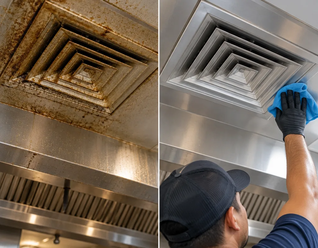 Before and after comparison showing dust and grease film removed from a restaurant ceiling vent and diffuser edges