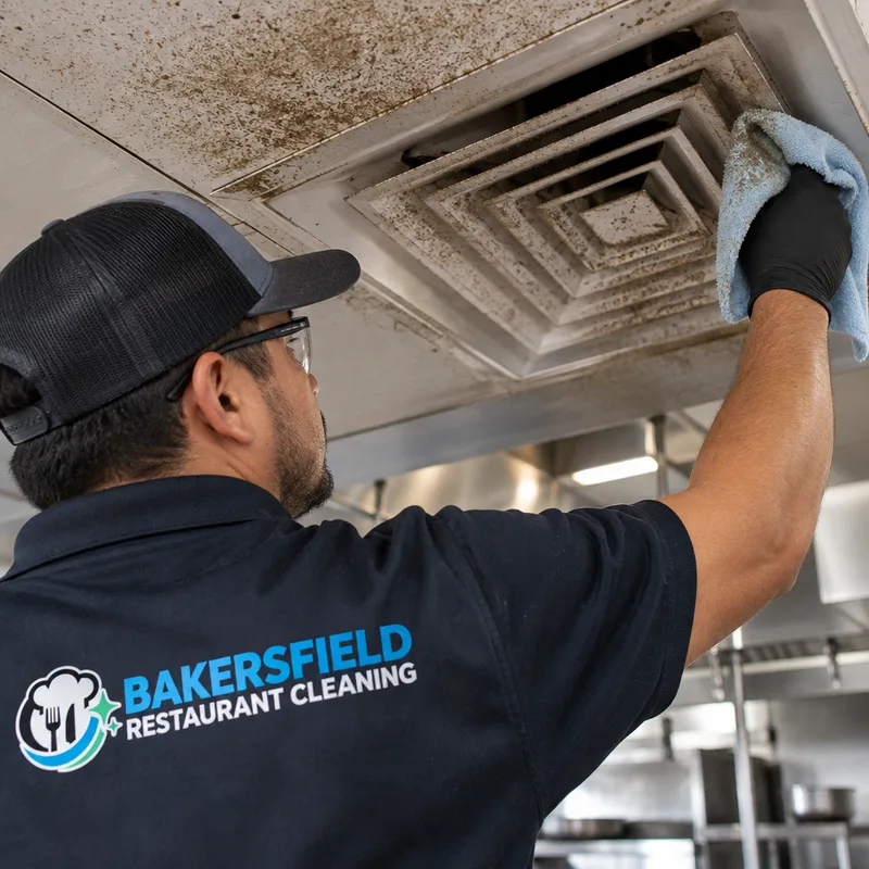 Dusty grease buildup around an HVAC diffuser and ceiling in a commercial restaurant kitchen
