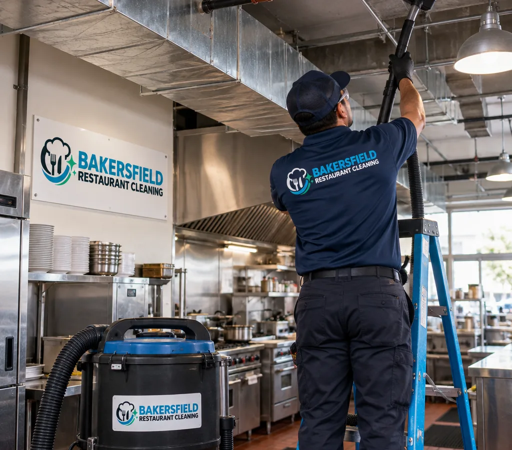 Technician high dusting ductwork, sprinkler piping, and lights above a restaurant kitchen with containment and a HEPA vacuum