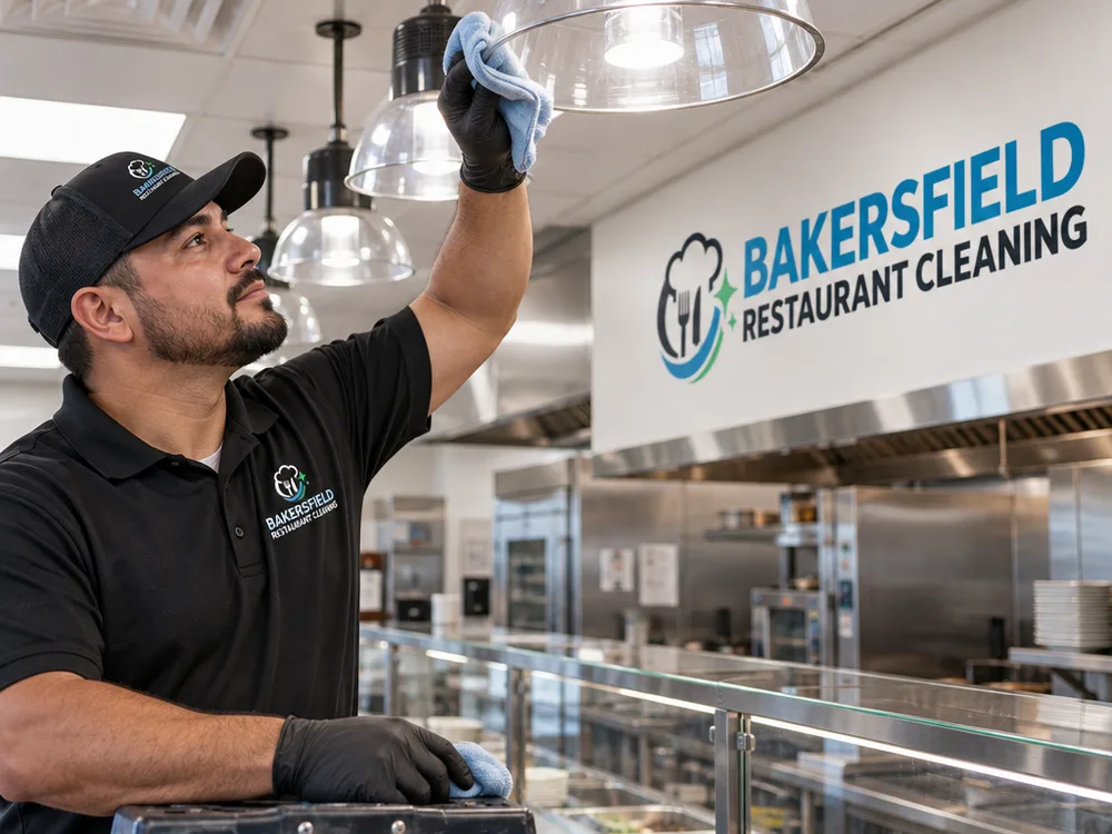 Clean light fixtures and ceiling grid above a restaurant service line