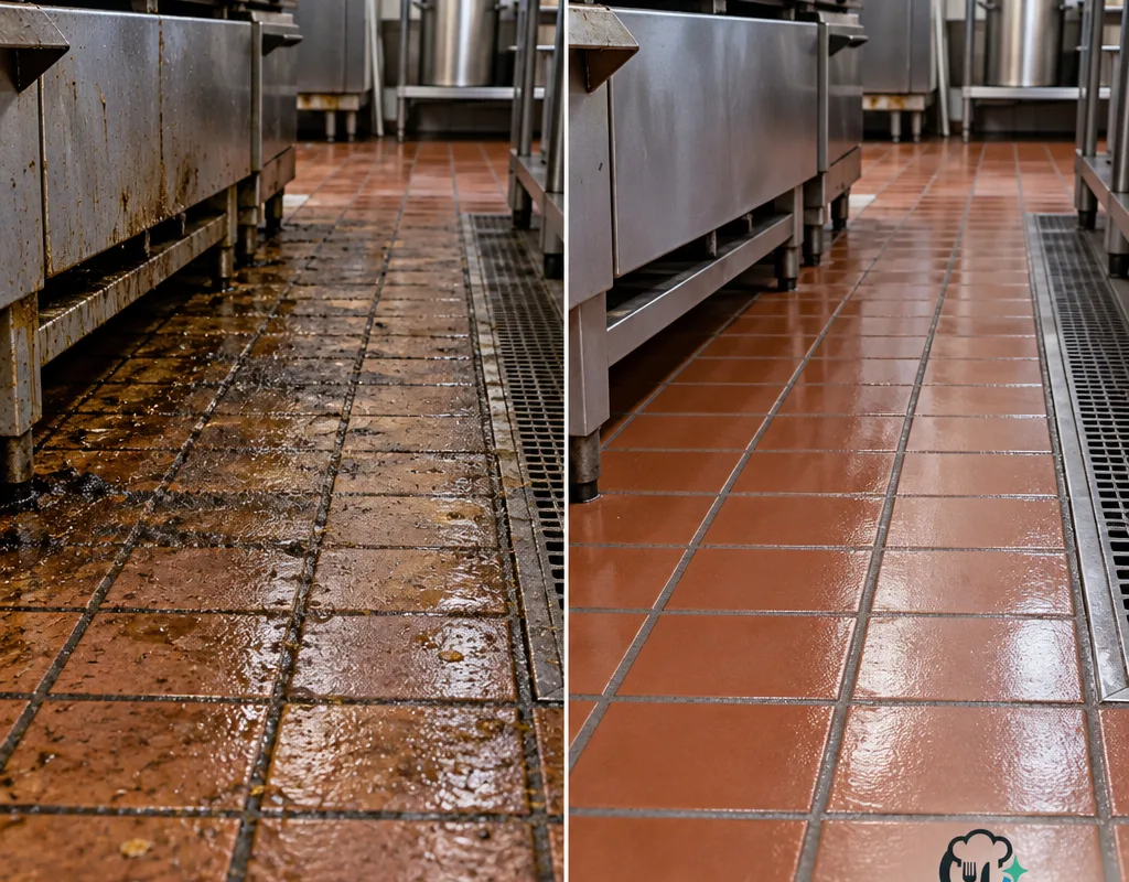 Before-and-after view of a commercial kitchen floor beside the cook line showing removal of heavy grease film and restored grout lines