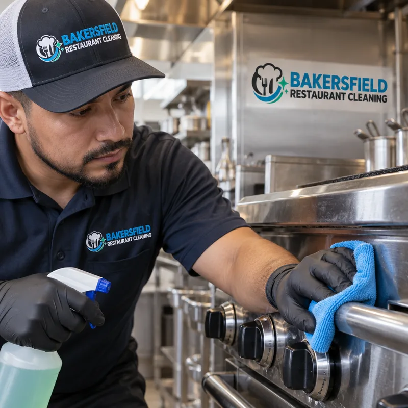 Technician detailing stainless commercial equipment handles, knobs, and seams with food-safe cleaning tools in a restaurant kitchen
