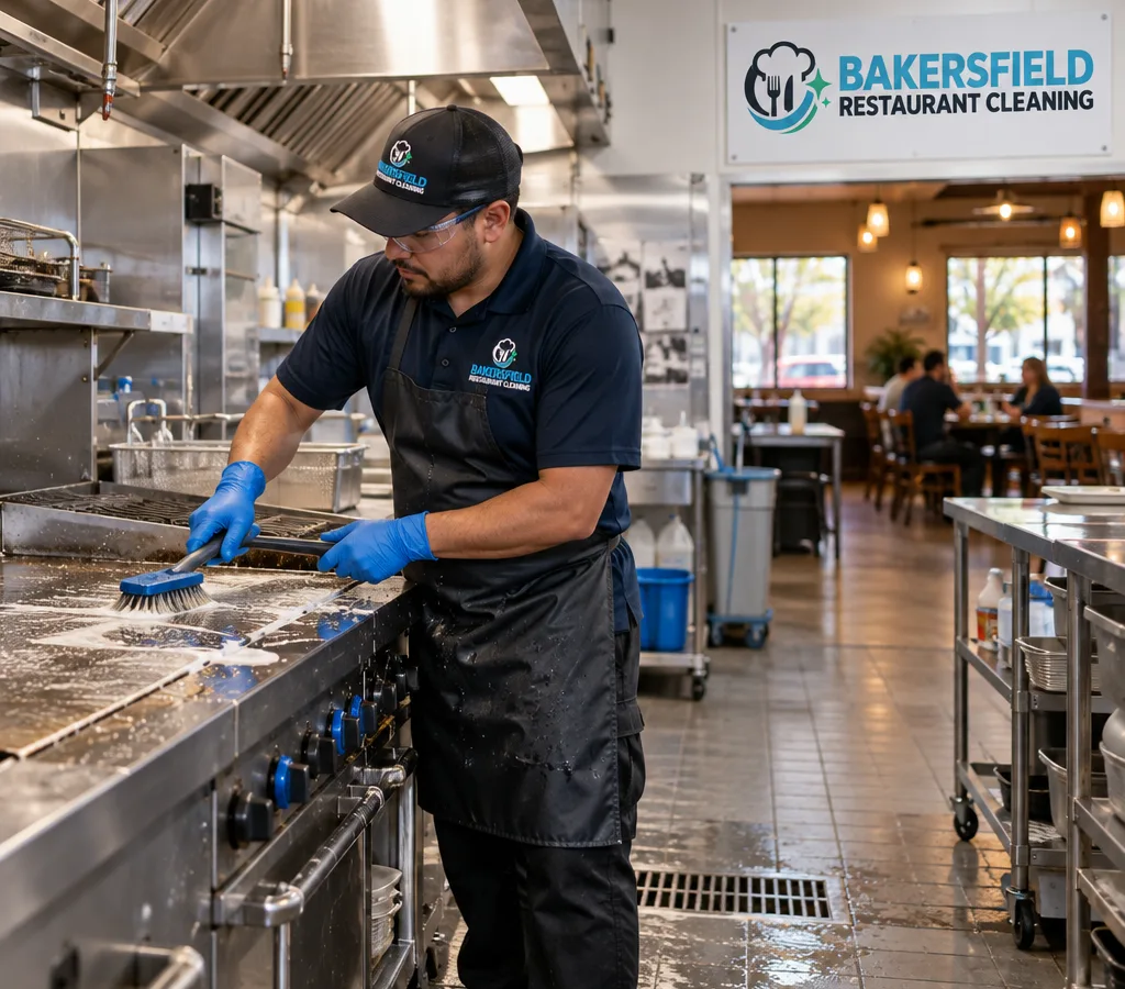 Technician in PPE cleaning a commercial kitchen line in a Shafter-area restaurant, with stainless equipment, floor drains, and a dining area visible in the background