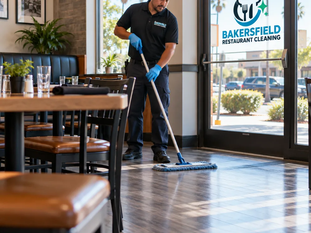 Clean restaurant dining room floor and baseboards after service, with tables reset and streak-free entry glass