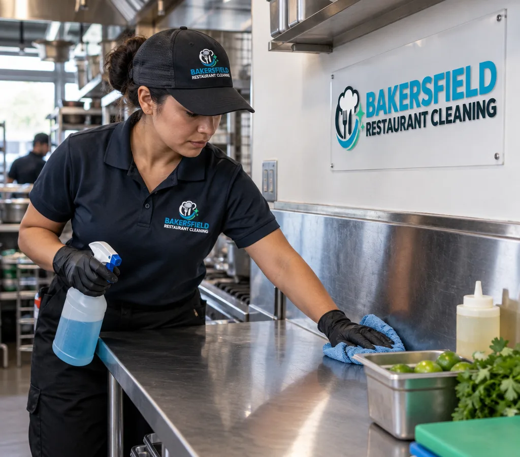Professional cleaner in PPE wiping a commercial stainless prep table and backsplash in a working restaurant kitchen