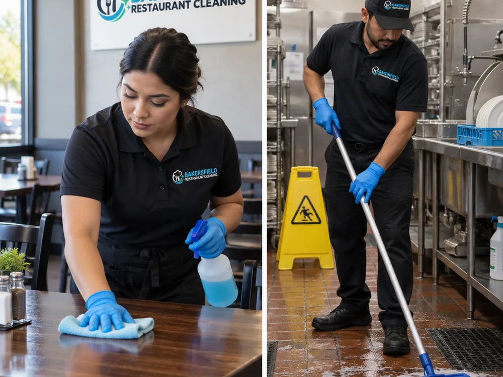 Front-of-house table wipe-down and back-of-house floor scrubbing near a restaurant dish station