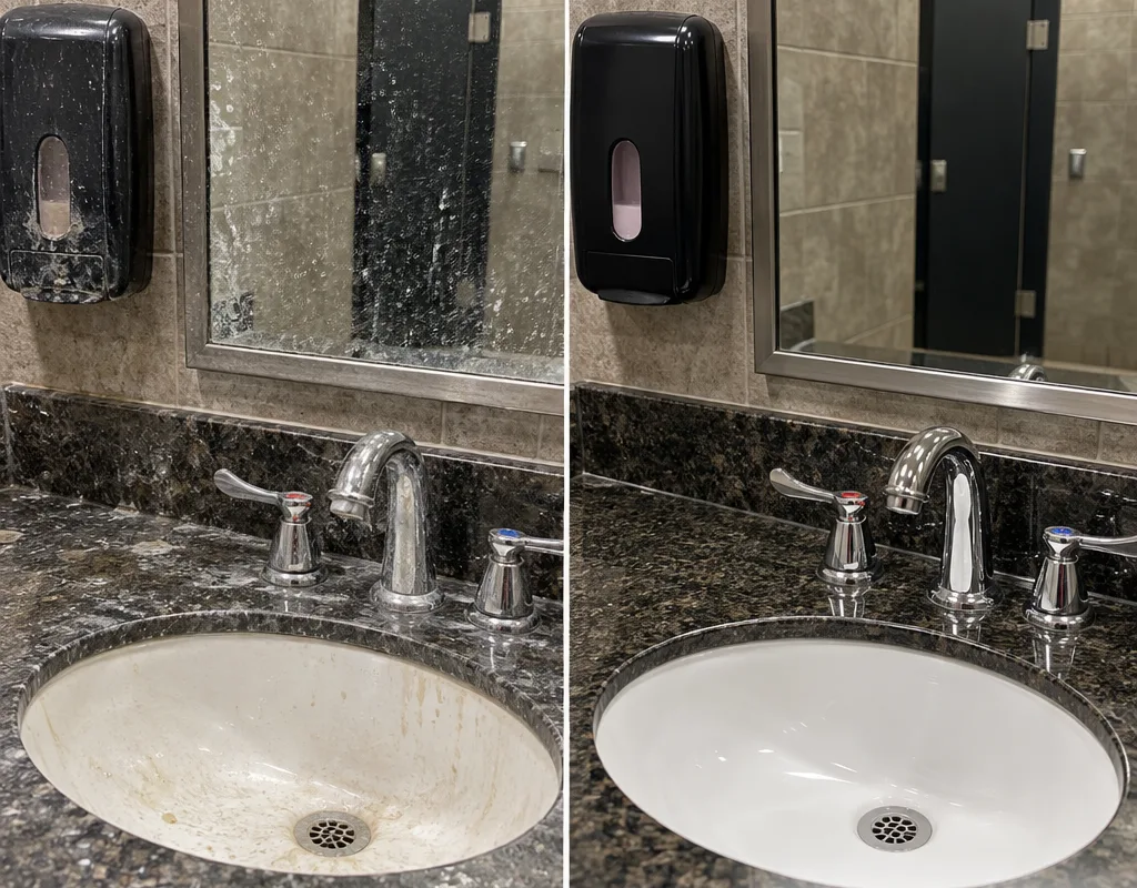 Before-and-after view of a restaurant restroom sink, mirror, faucet, counter, dispenser, and sanitized handles