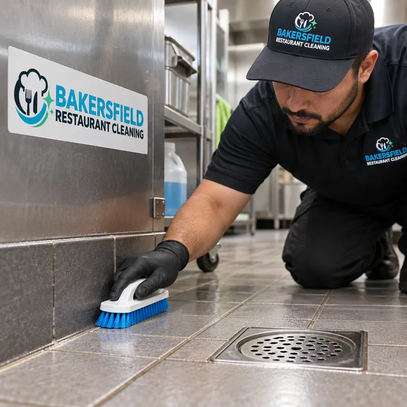 Cleaned commercial kitchen floor corner with visible grout lines and a detailed floor drain area without standing water