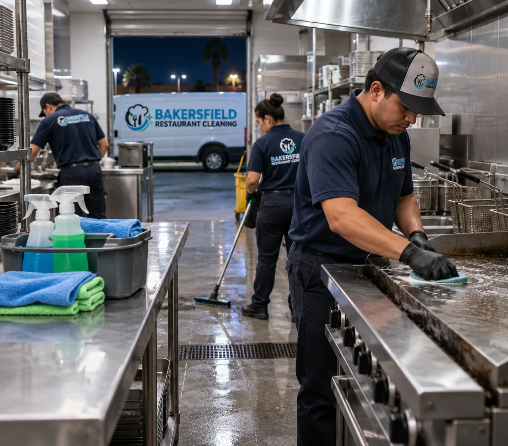 Night cleaning crew sanitizing a commercial restaurant kitchen line with stainless prep tables, fryers, floors, and labeled food-safe cleaning products