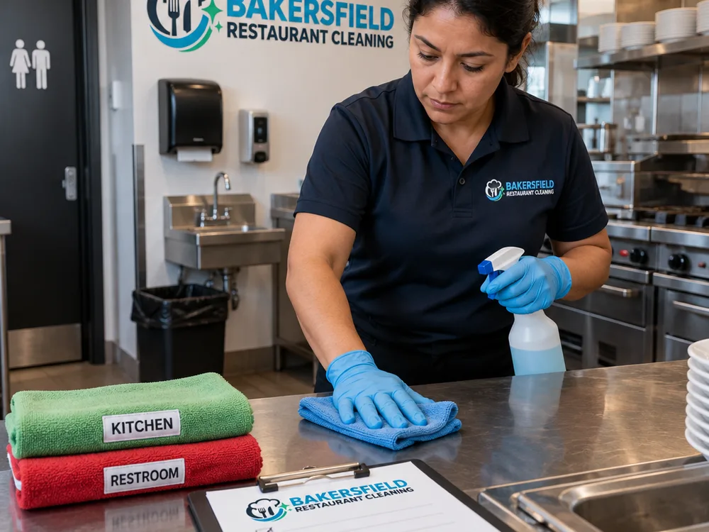 Cleaner using a color-coded cloth system in a restaurant with separate tools for restroom and kitchen zones and a checklist in the foreground