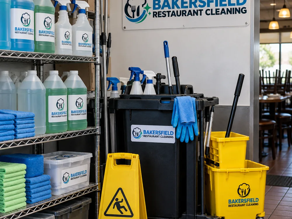 A neat janitorial staging area prepared for a restaurant cleaning shift